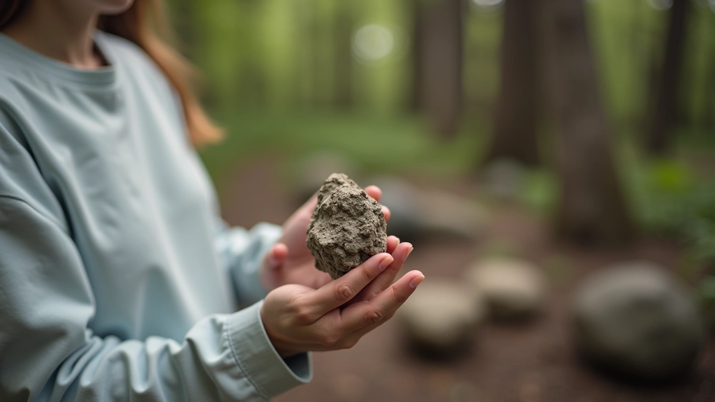 Geologo rankose dolomito mėginys, informacine lentelė fone